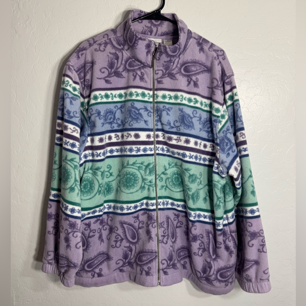 Alfred Dunner XL Zip Up Fleece Jacket Purple Green Floral Paisley Print Vintage
